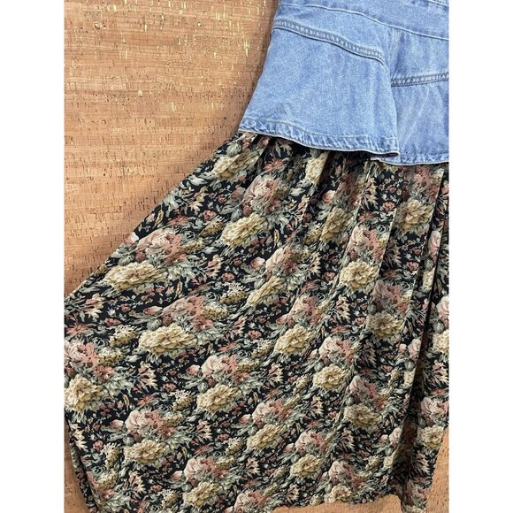 Vintage 90s Denim Floral Print Maxi Dress Boho Cottage Grunge Light Wash Size S - Picture 3 of 16